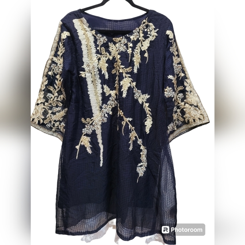 Navy Midi Dress with Gold Floral Embroidery